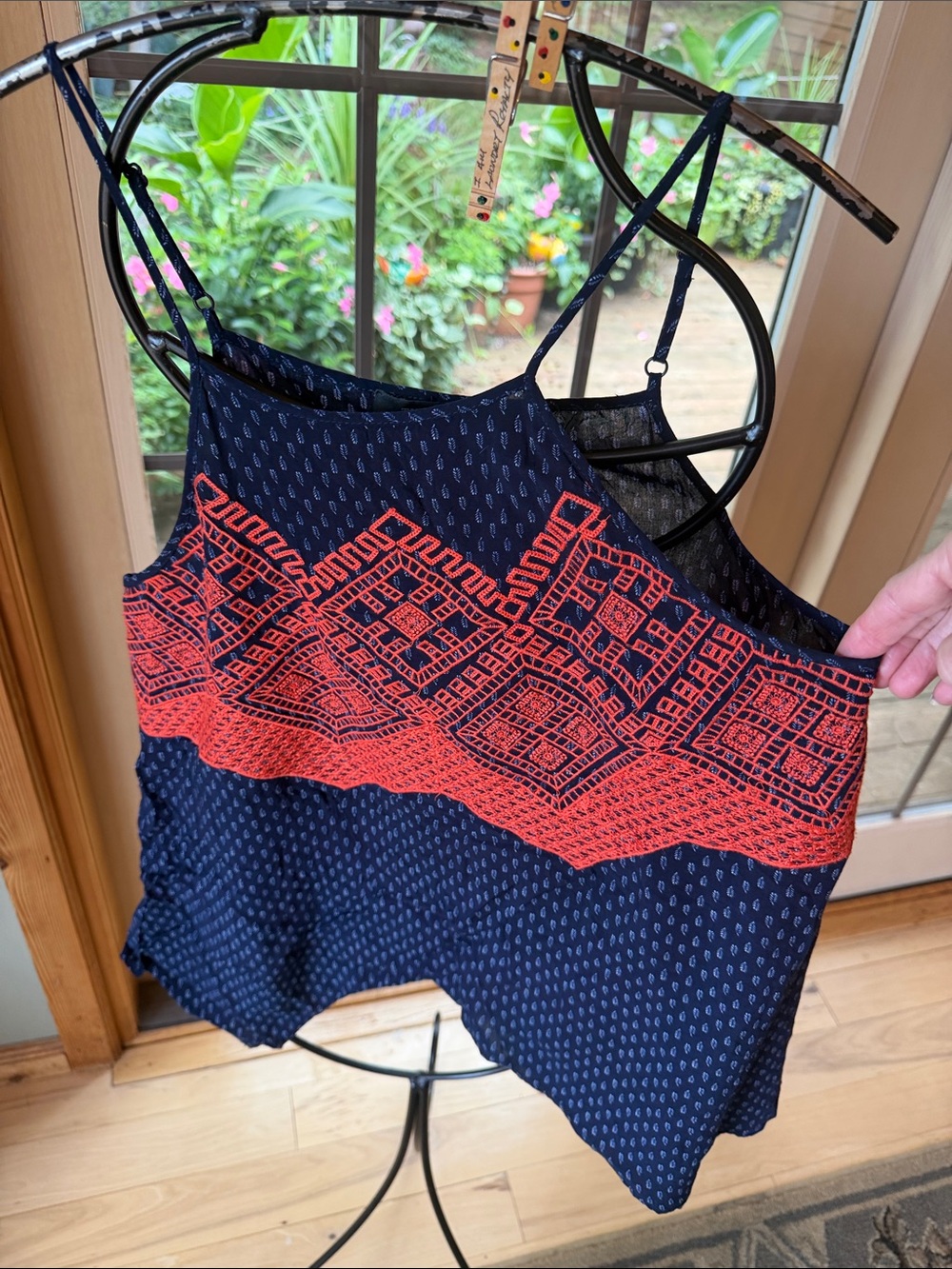 THML Navy Blue Boho Tribal Print Halter Top Straps Tank w Coral Embroidered Band